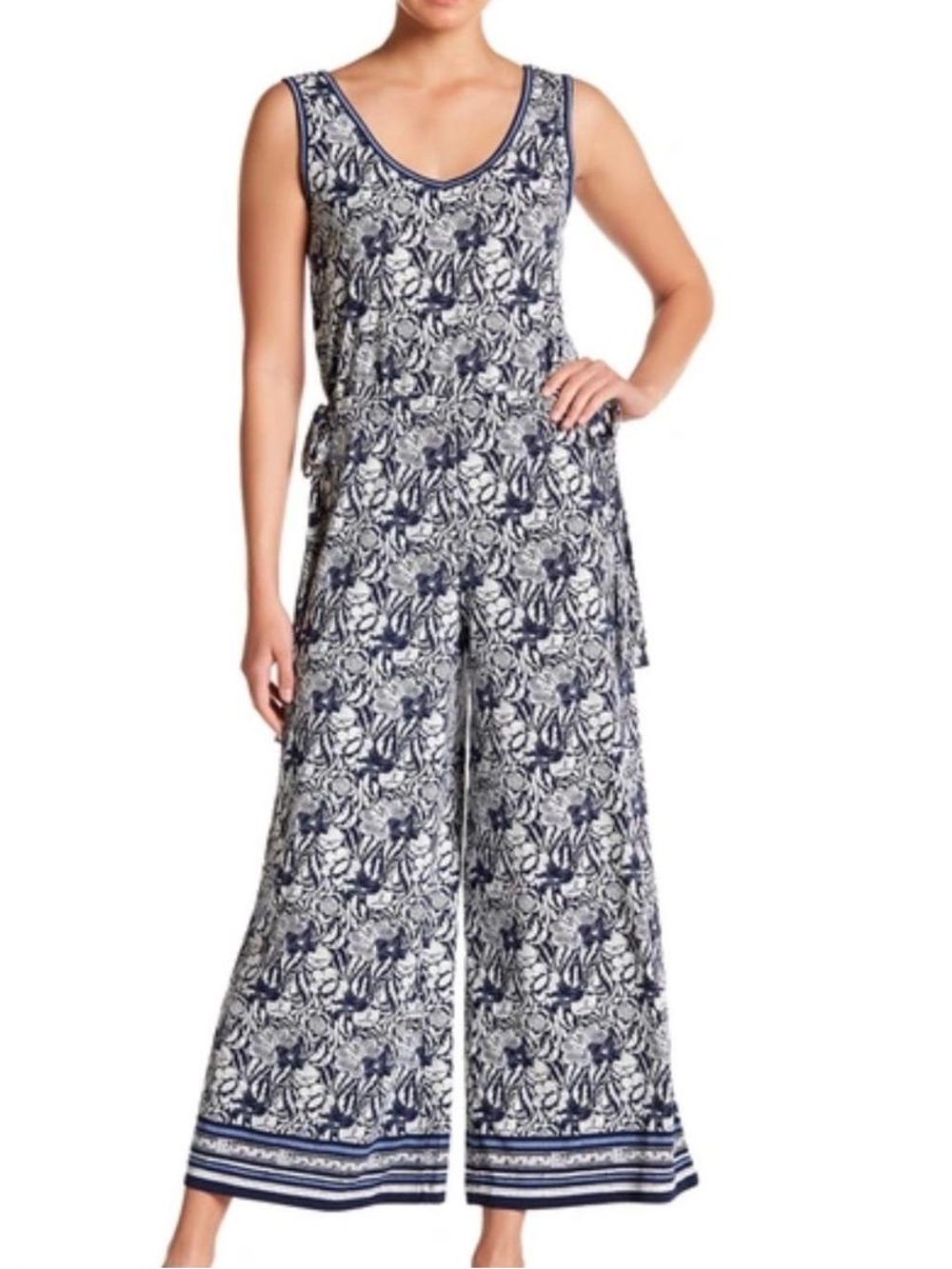 Max Studio blue & white print cropped jumpsuit